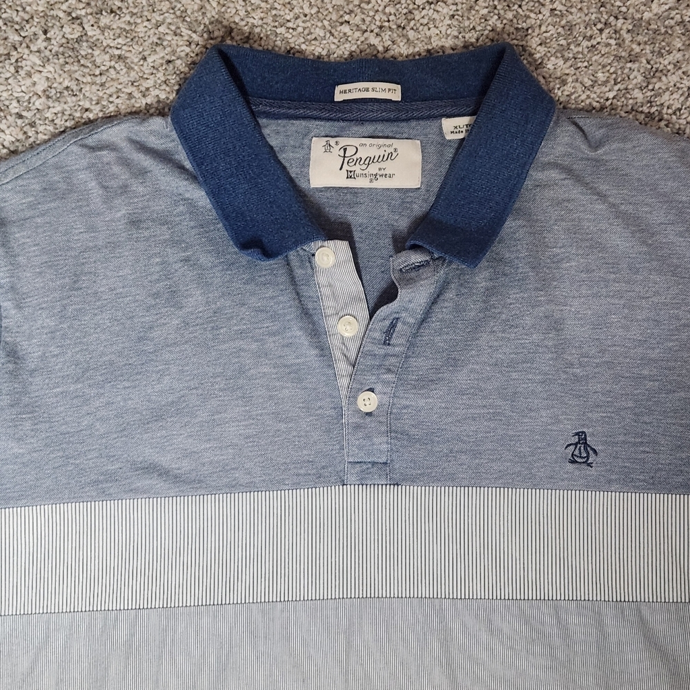 Penguin By Munsingwear XL Heritage Slim Fit Blue Short Sleeve Collared Shirt